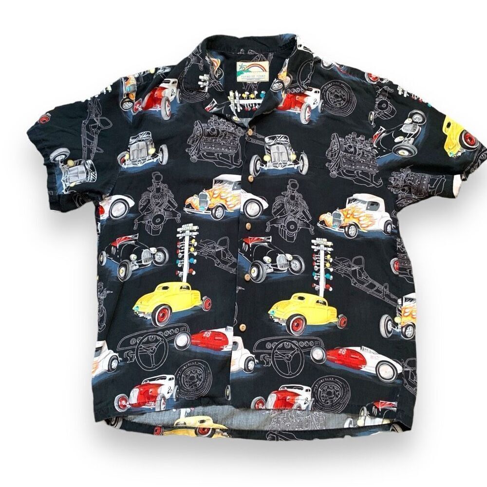 Vintage 90s Hawaiian Printed Rayon Shirt Black Drag Racing Short Sleeve Boxy